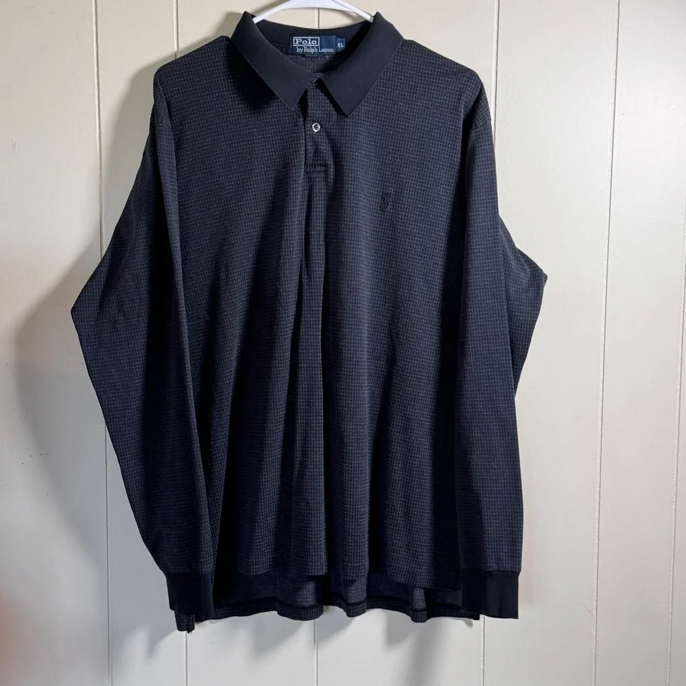 Polo Ralph‎ Lauren Mens XL Long Sleeve Polo Shirt Black Textured Micro Grid Pony